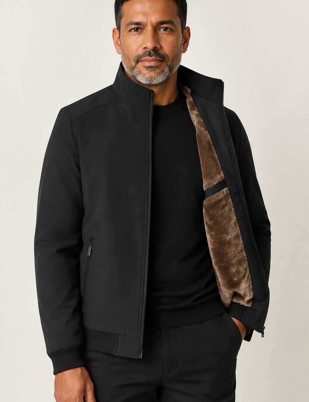 Men's black thermal bomber jacket with brown fur lining, worn by model in warm beige studio