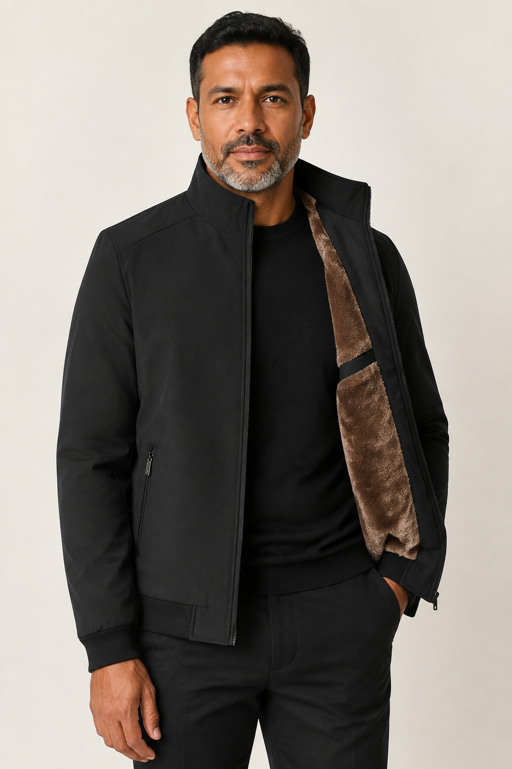 Men's black thermal bomber jacket with brown fur lining, worn by model in warm beige studio