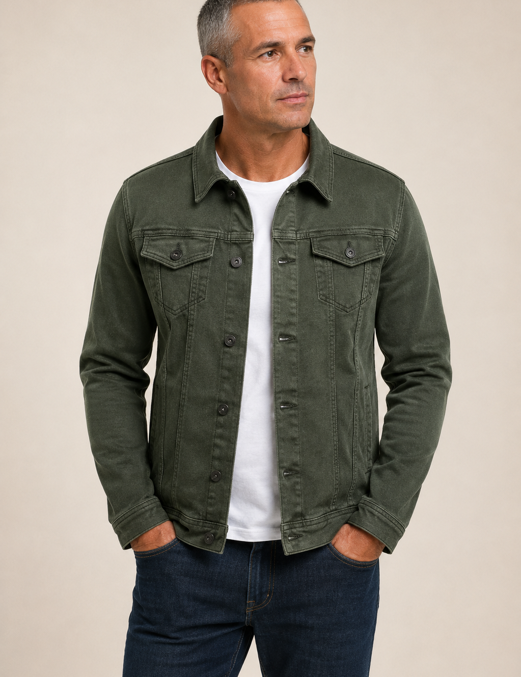 Herren-Streetwear-Jacke mit Knöpfen – getragen von einem Model vor warmbeigem Studiohintergrund