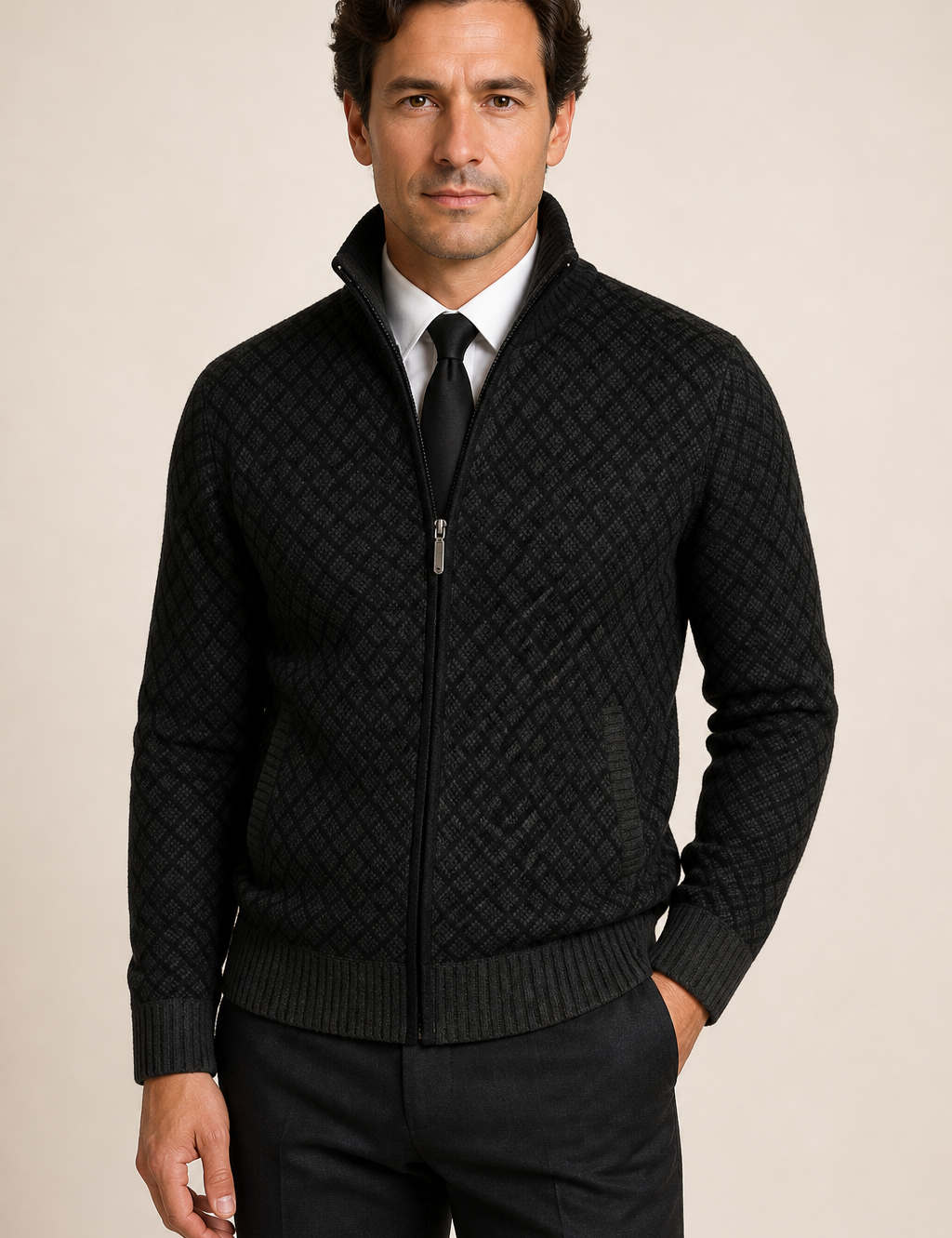 Men's black diamond-knit zip cardigan over shirt and tie, worn by model in warm beige studio
