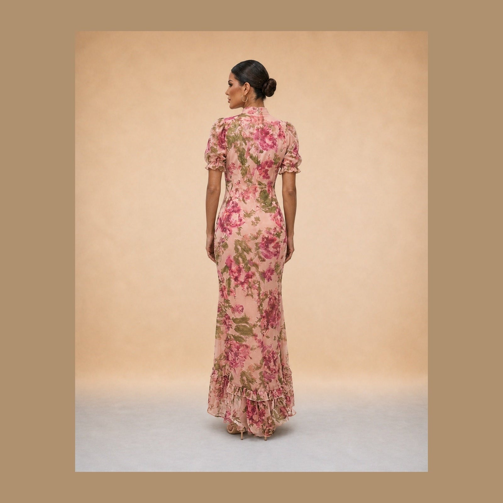 Rochie maxi roz cu imprimeu floral Ana-Paula, vedere din spate