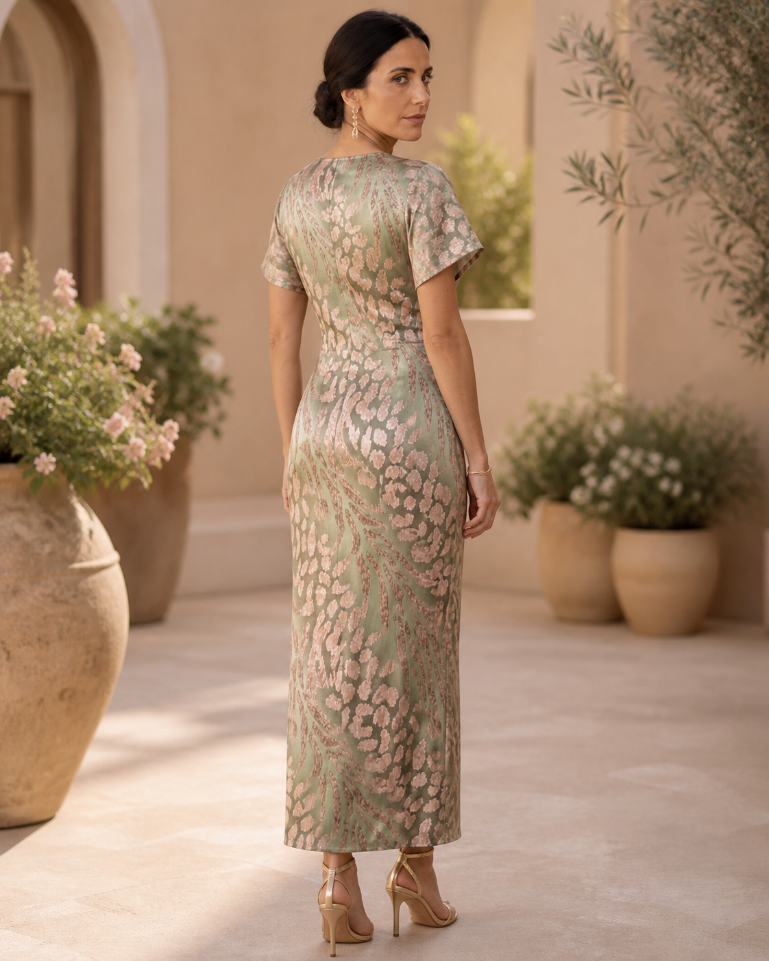 Claudia în rochie maxi cu imprimeu, vedere din spate