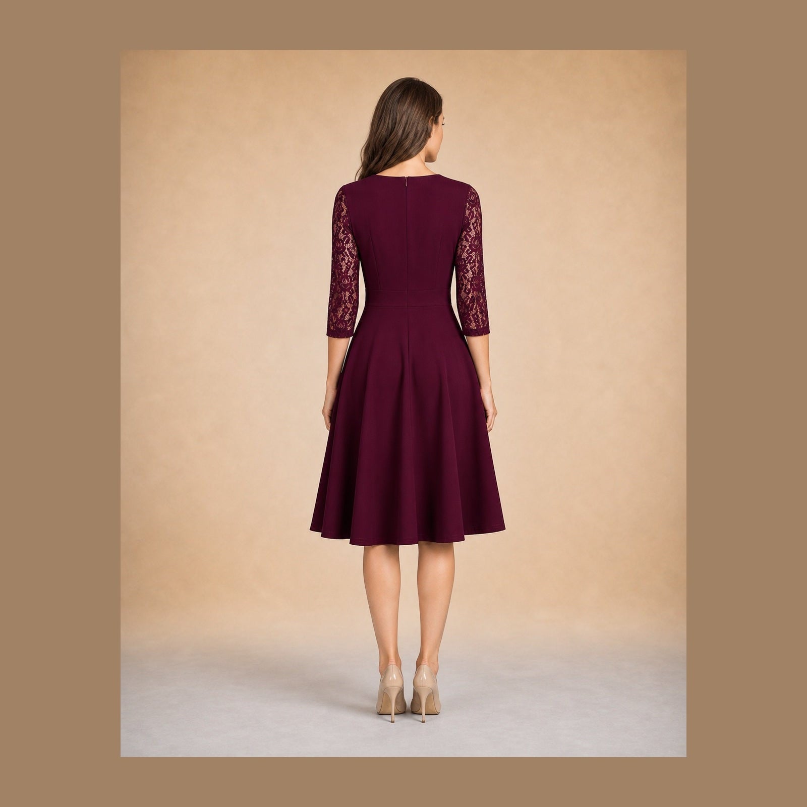Rochie Bordeaux Elena cu dantelă, vedere din spate