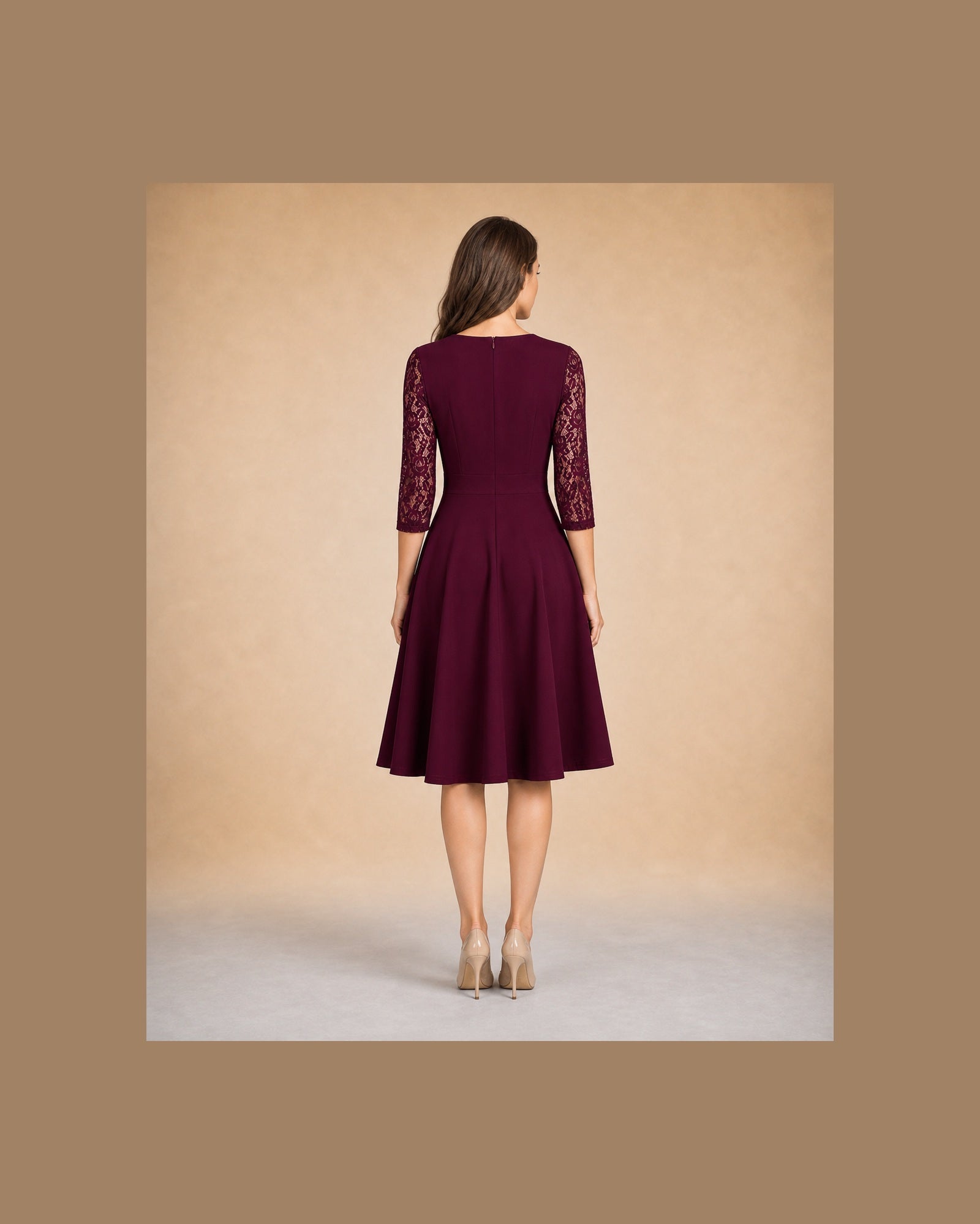 Rochie Bordeaux Elena cu dantelă, vedere din spate