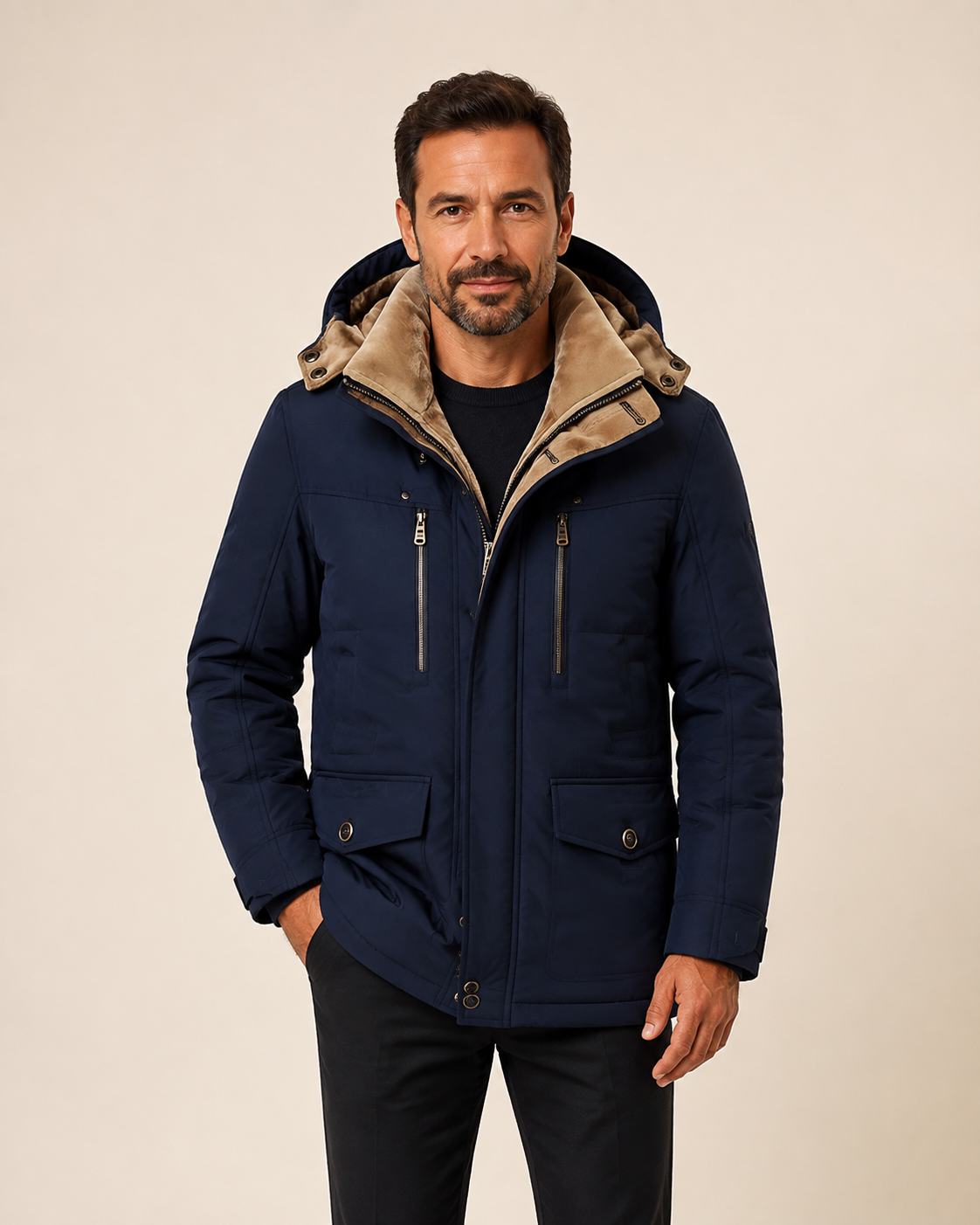 Men's navy padded winter parka with tan lining, worn by model in warm beige studio