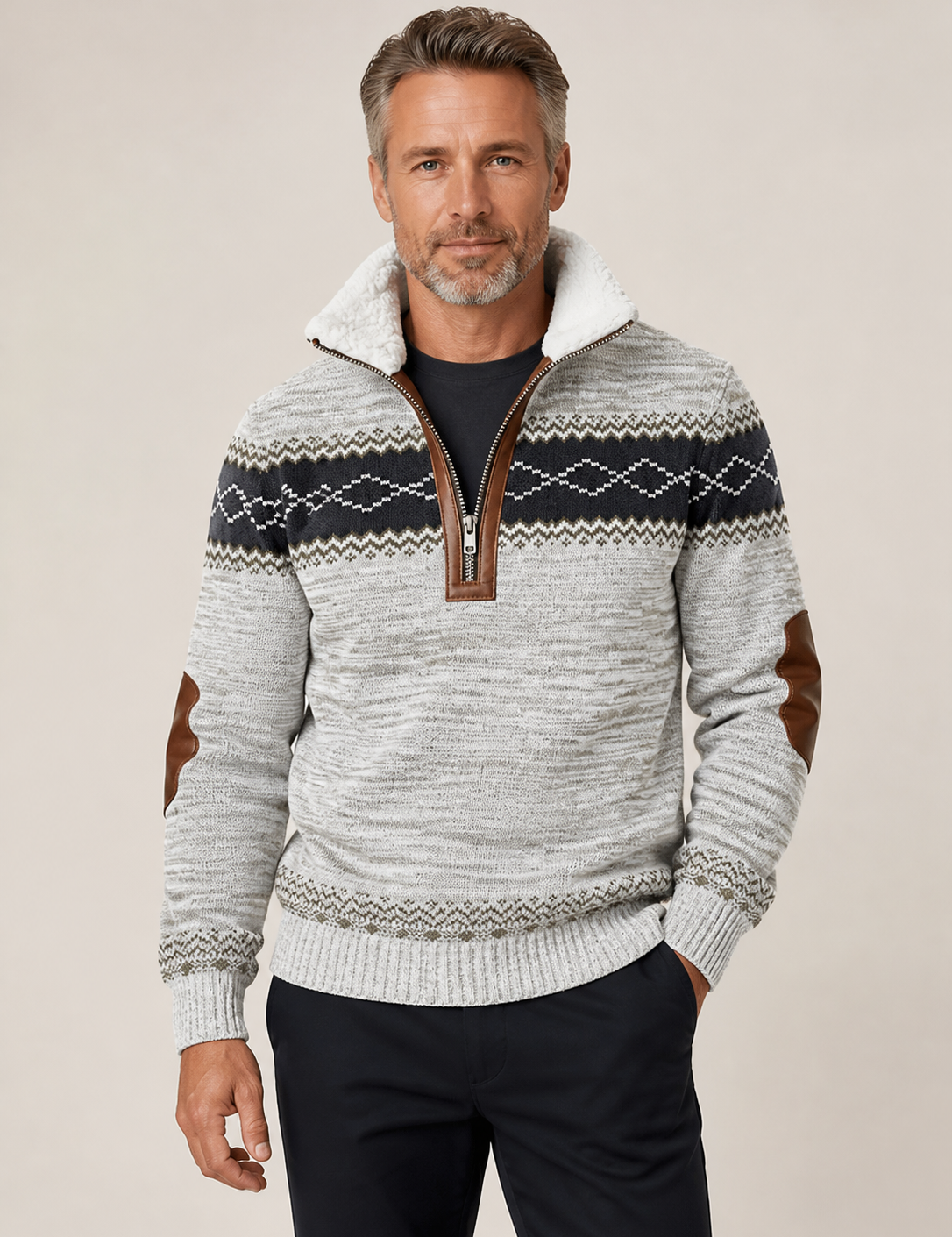 Men's grey patterned zip pullover with sherpa collar, worn by model in warm beige studio
