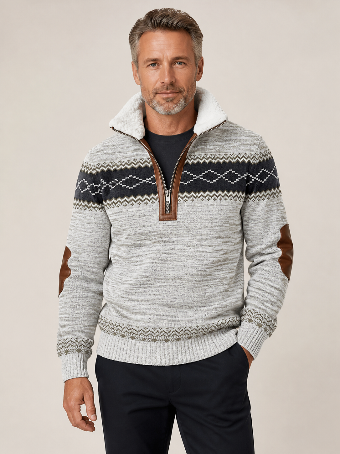 Men's grey patterned zip pullover with sherpa collar, worn by model in warm beige studio