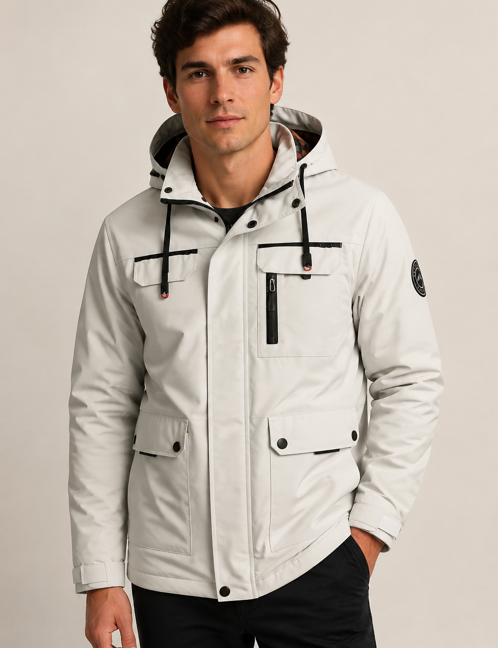 Men's off-white waterproof outdoor parka, worn by model in warm beige studio