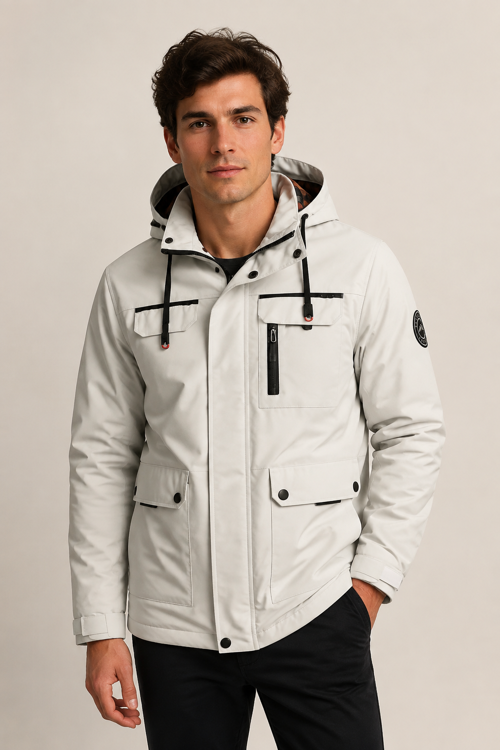 Men's off-white waterproof outdoor parka, worn by model in warm beige studio