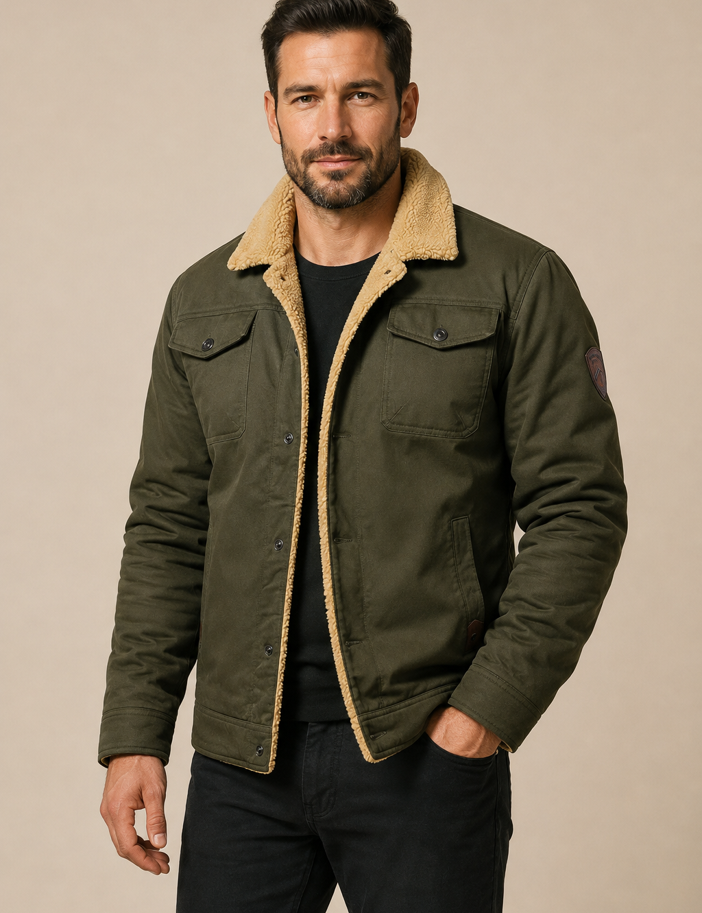 Men's olive sherpa-lined bomber jacket, worn by model in warm beige studio