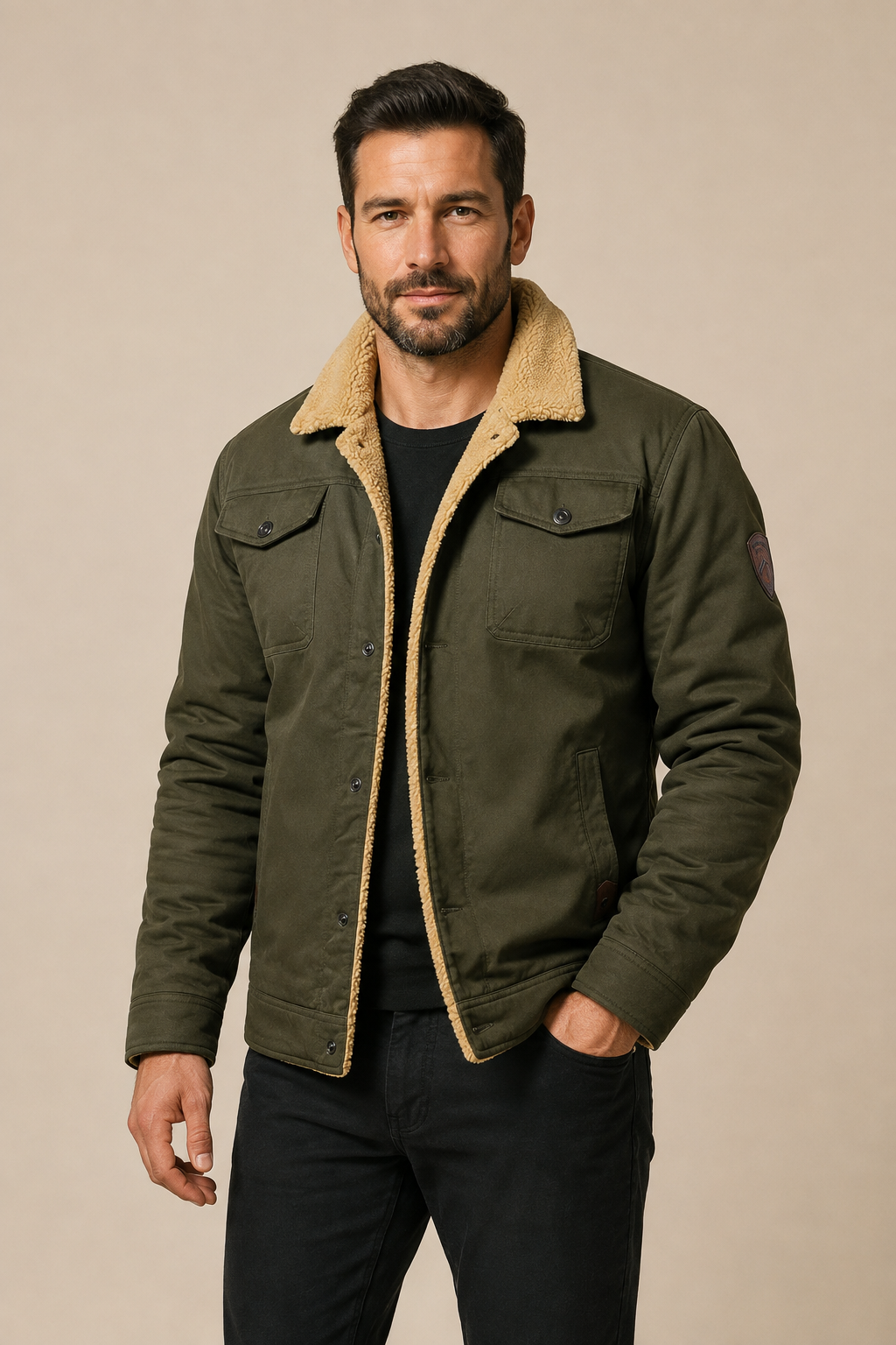 Men's olive sherpa-lined bomber jacket, worn by model in warm beige studio