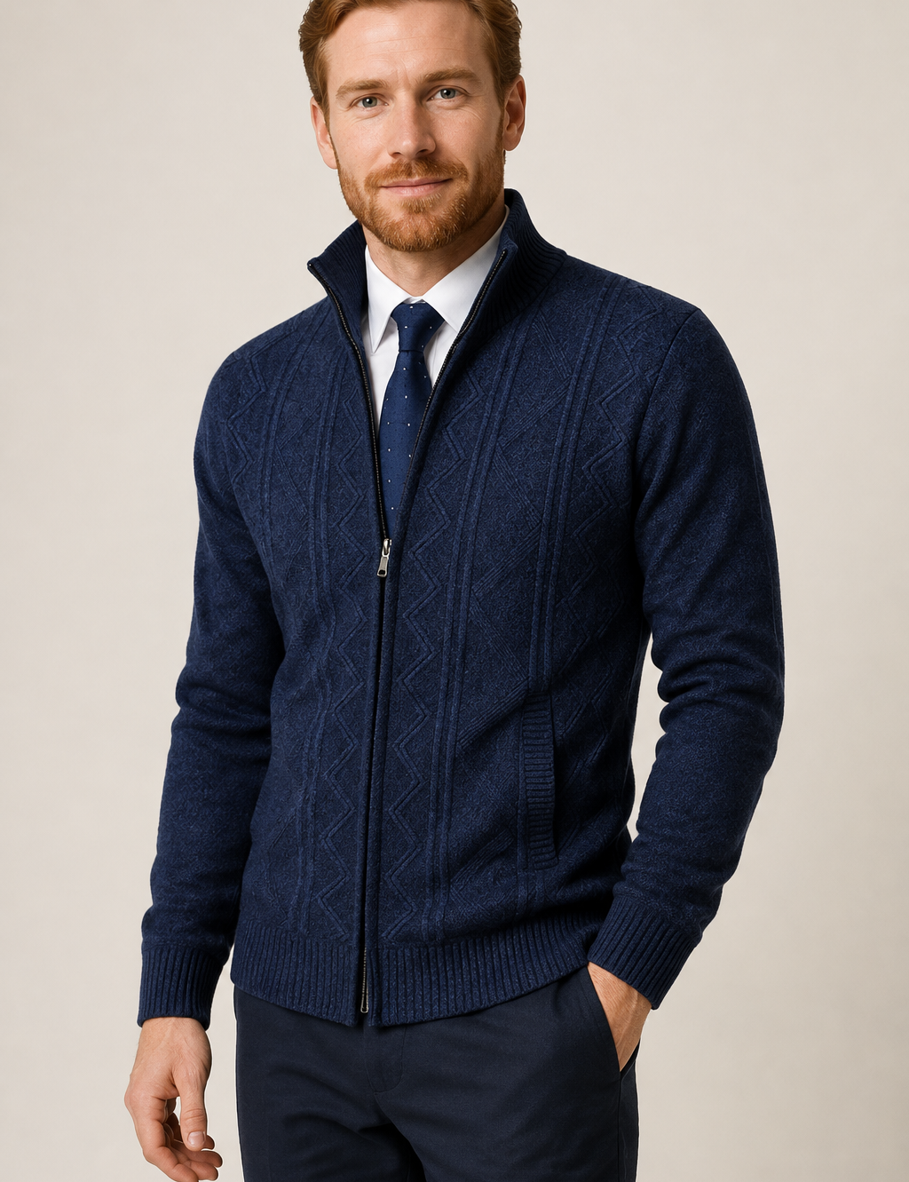 Men's navy cable-knit zip cardigan, worn by model in warm beige studio