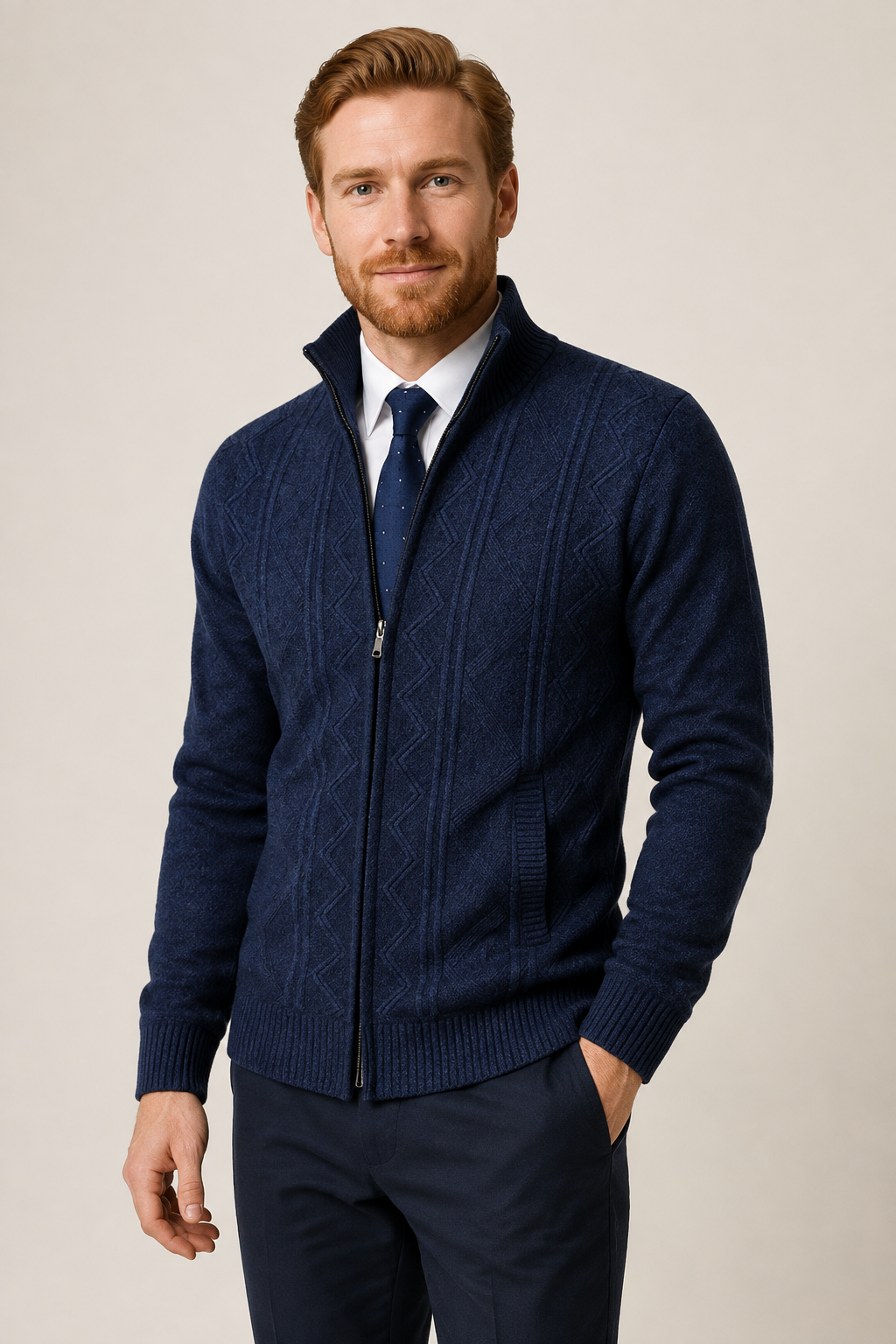 Men's navy cable-knit zip cardigan, worn by model in warm beige studio