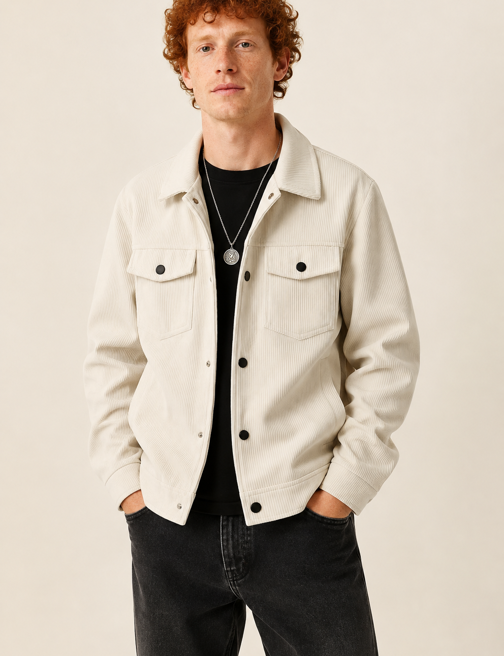 Herren-Overshirt mit Taschen – getragen von einem Model vor warmbeigem Studiohintergrund