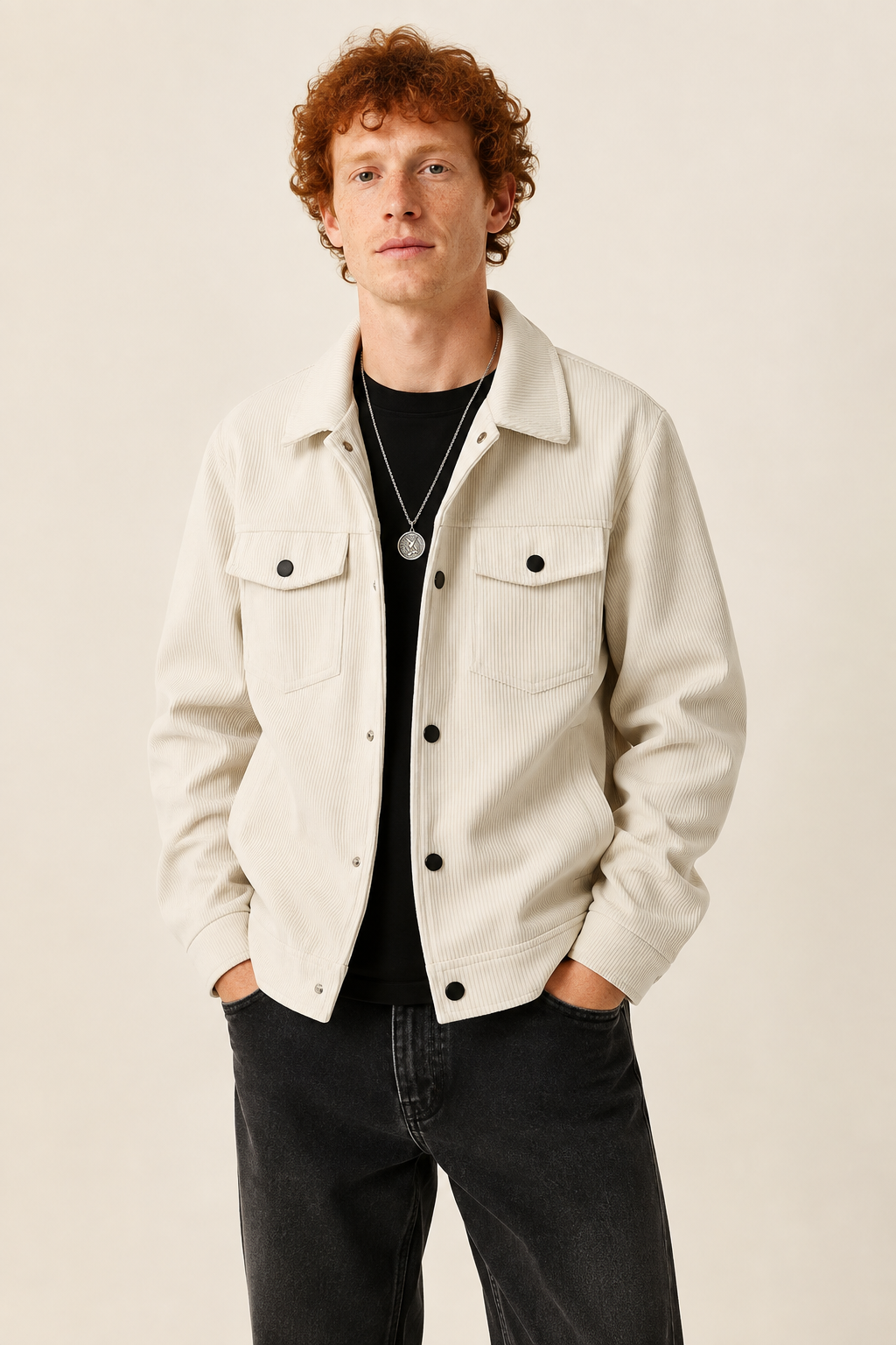 Herren-Overshirt mit Taschen – getragen von einem Model vor warmbeigem Studiohintergrund