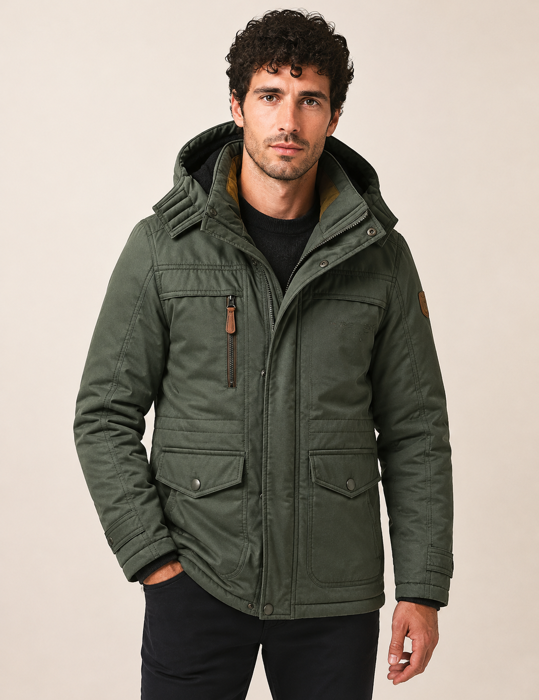 Men's olive green polar fleece parka, worn by model in warm beige studio