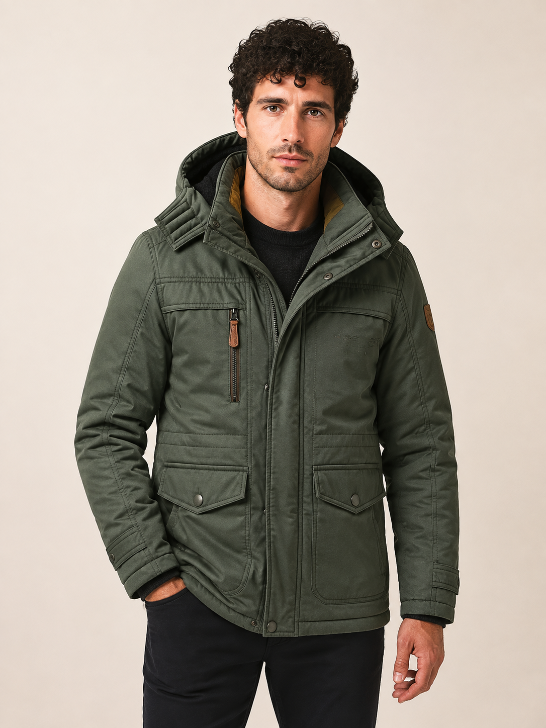 Men's olive green polar fleece parka, worn by model in warm beige studio