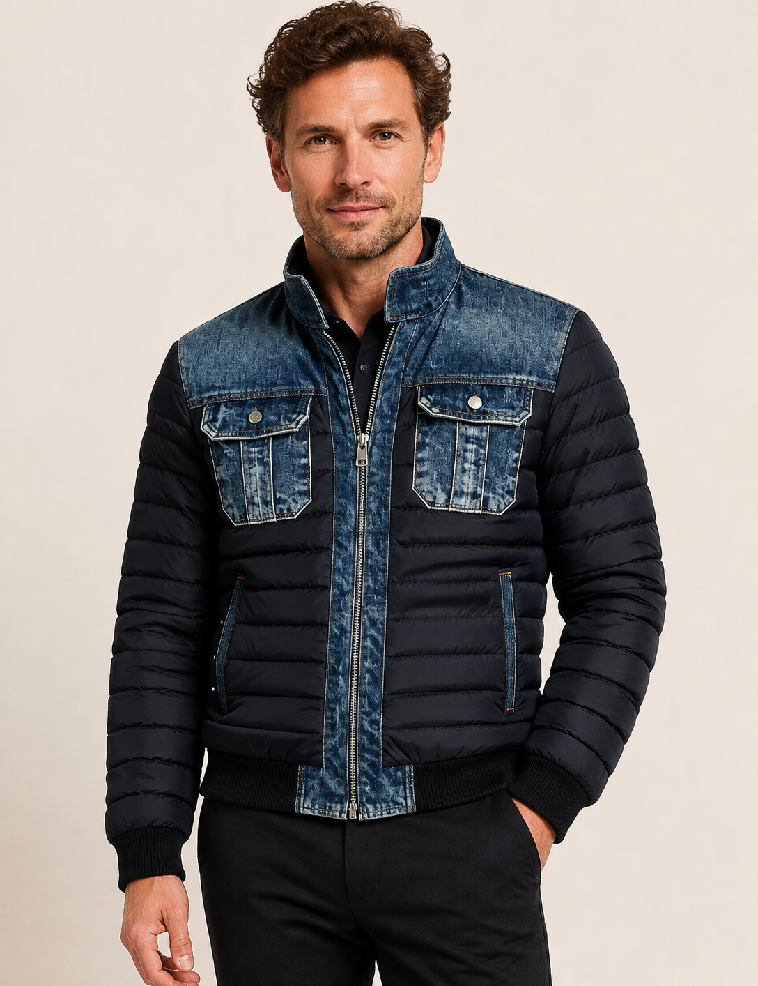 Men's navy quilted denim hybrid jacket, worn by model in warm beige studio