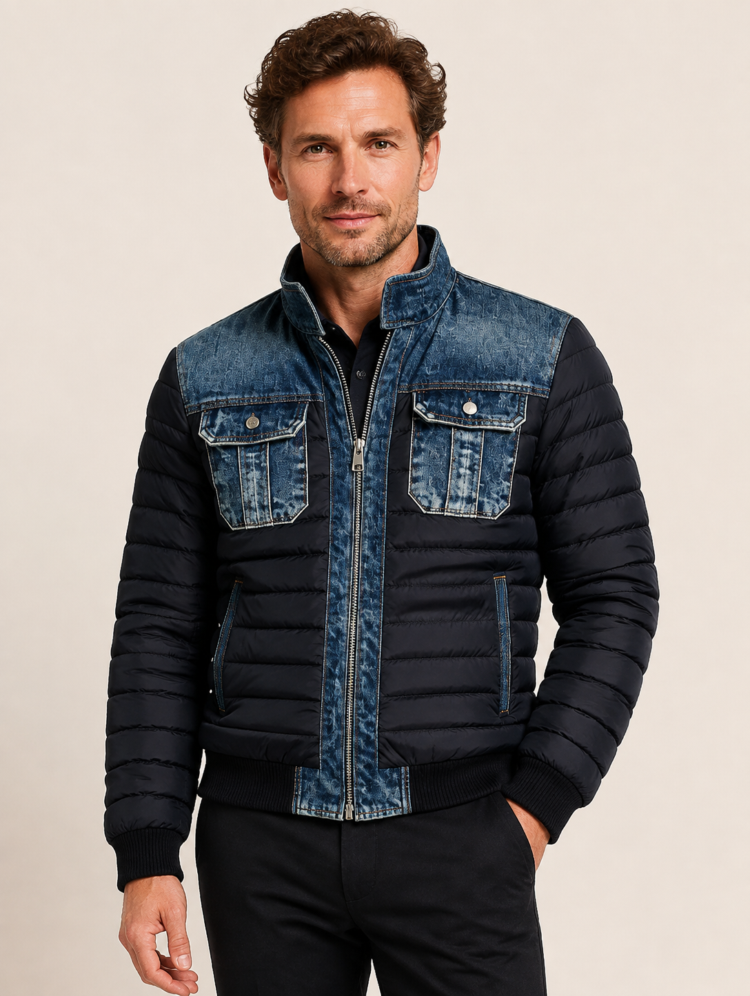 Men's navy quilted denim hybrid jacket, worn by model in warm beige studio