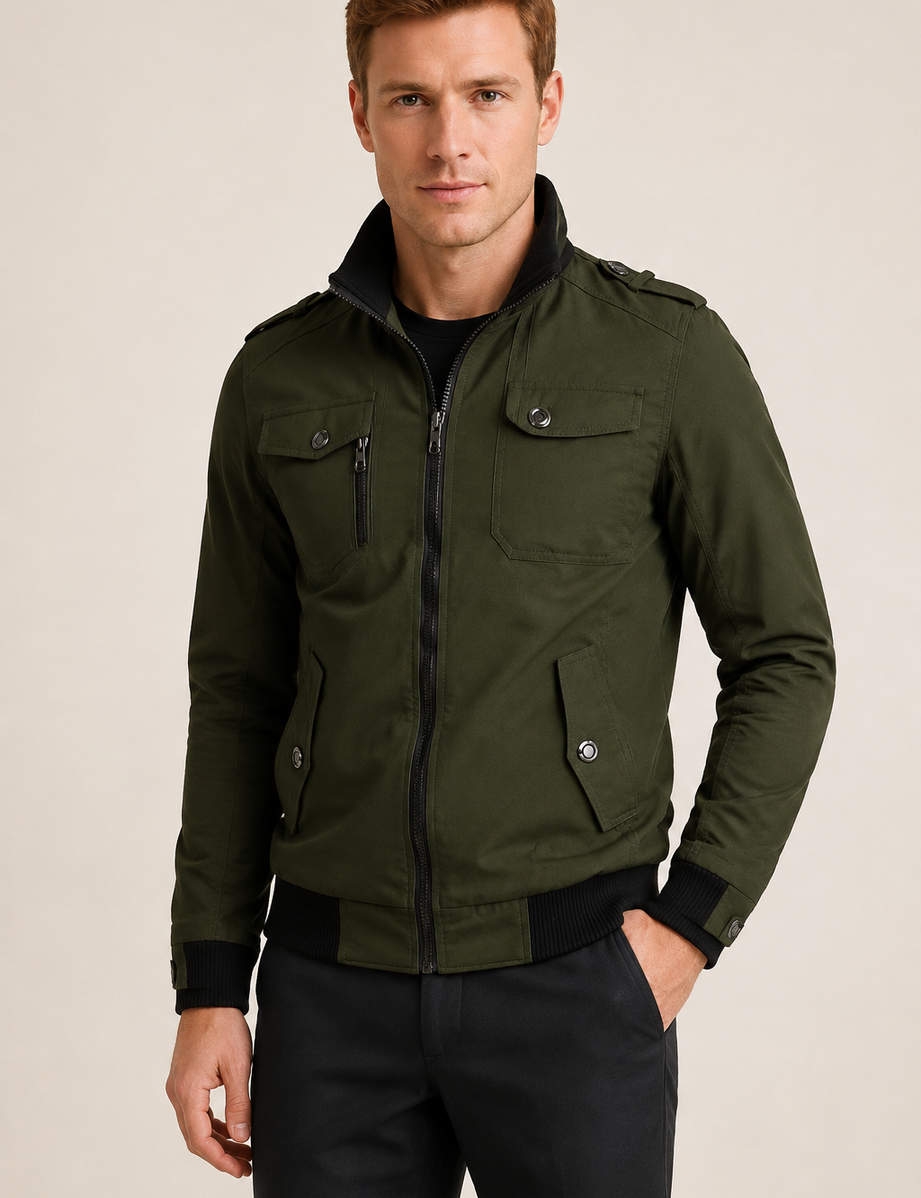 Men's olive green lightweight bomber jacket, worn by model in warm beige studio