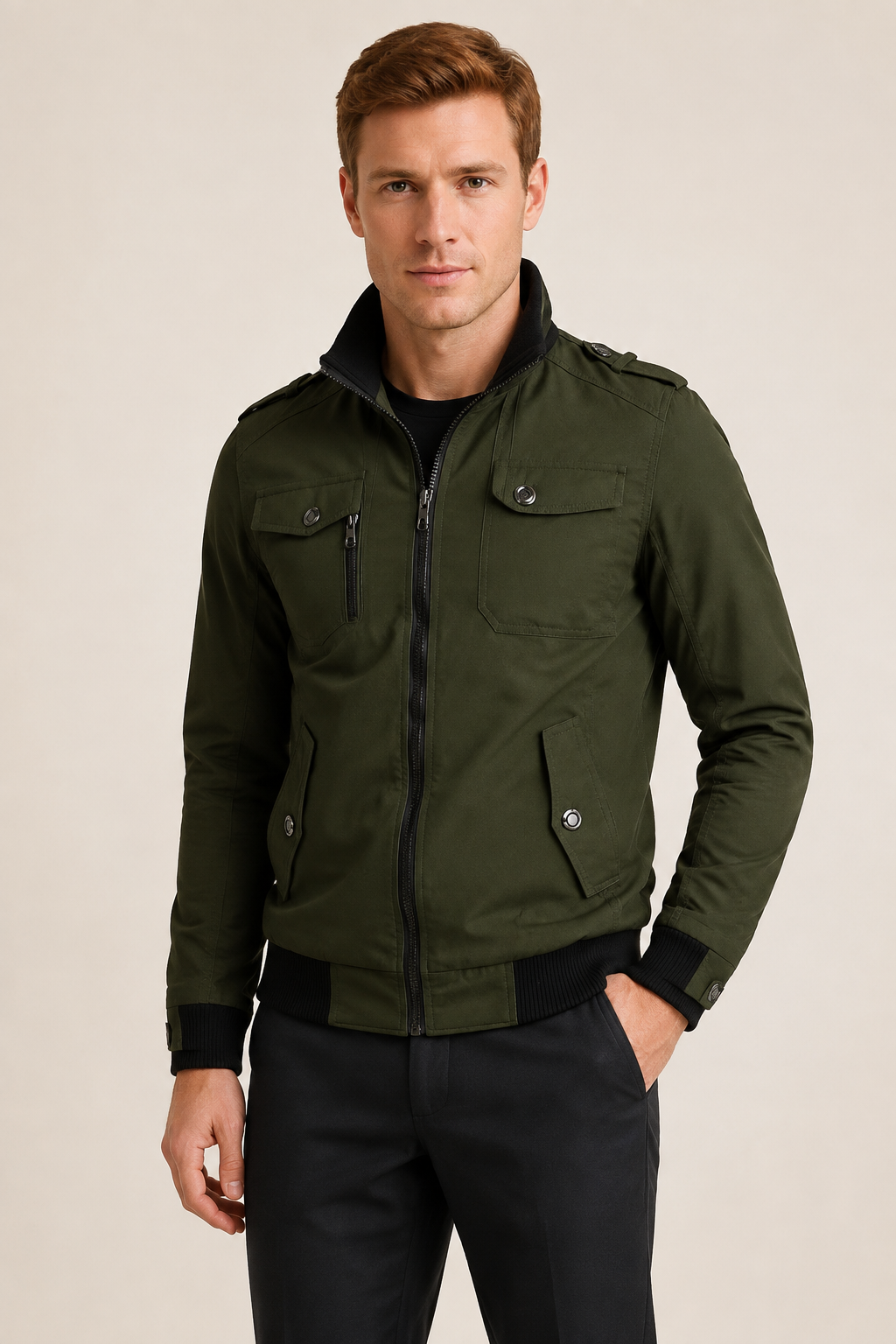 Men's olive green lightweight bomber jacket, worn by model in warm beige studio