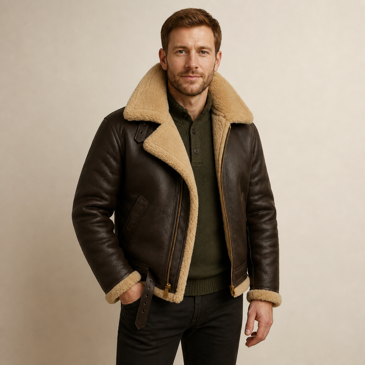 Men's dark brown leather shearling jacket, worn by model in warm beige studio