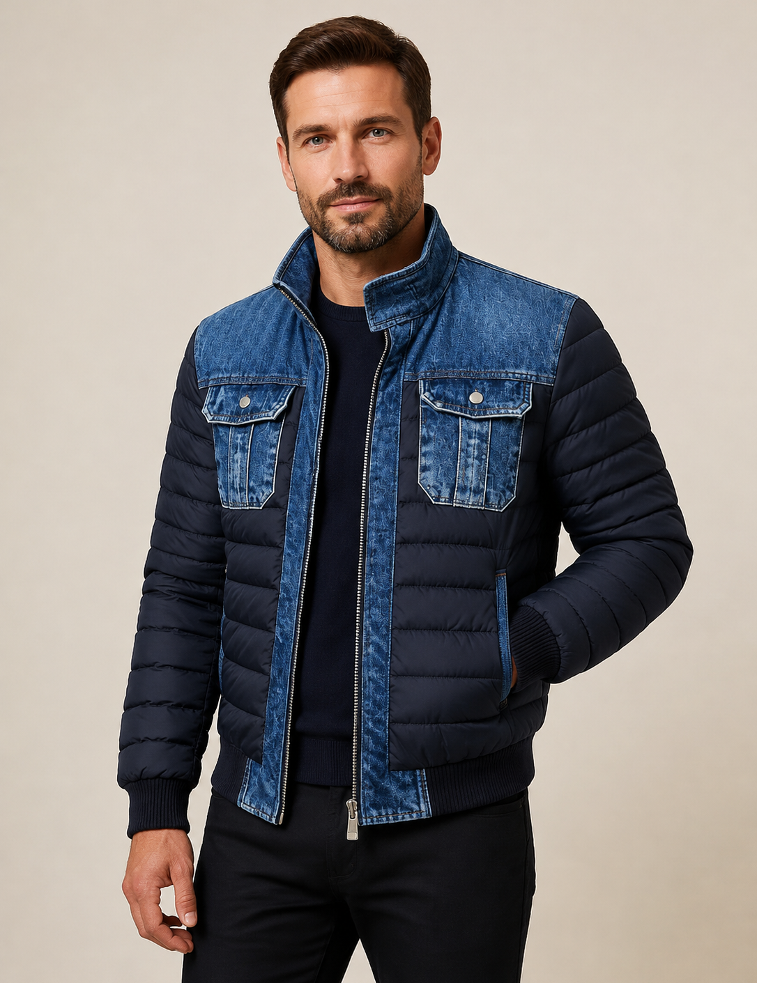 Men's navy puffer bomber with denim panels, worn by model in warm beige studio