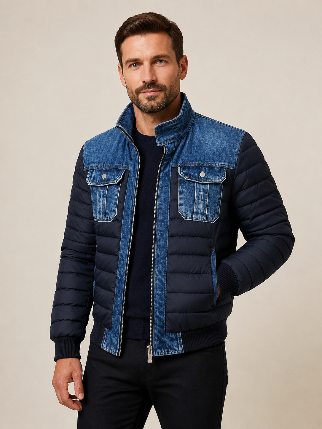 Men's navy puffer bomber with denim panels, worn by model in warm beige studio