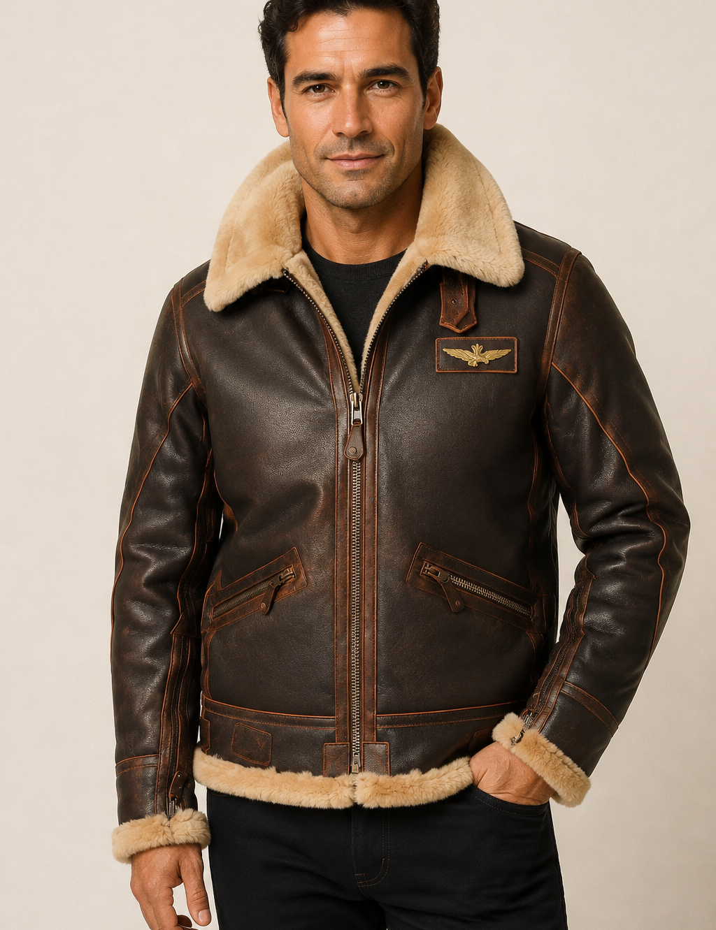 Men's dark brown leather aviator jacket with shearling collar, worn by model in warm beige studio