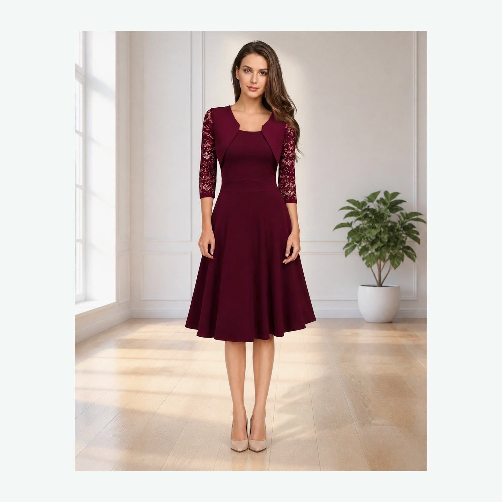 Rochie Bordeaux Elena într-un atelier luminos