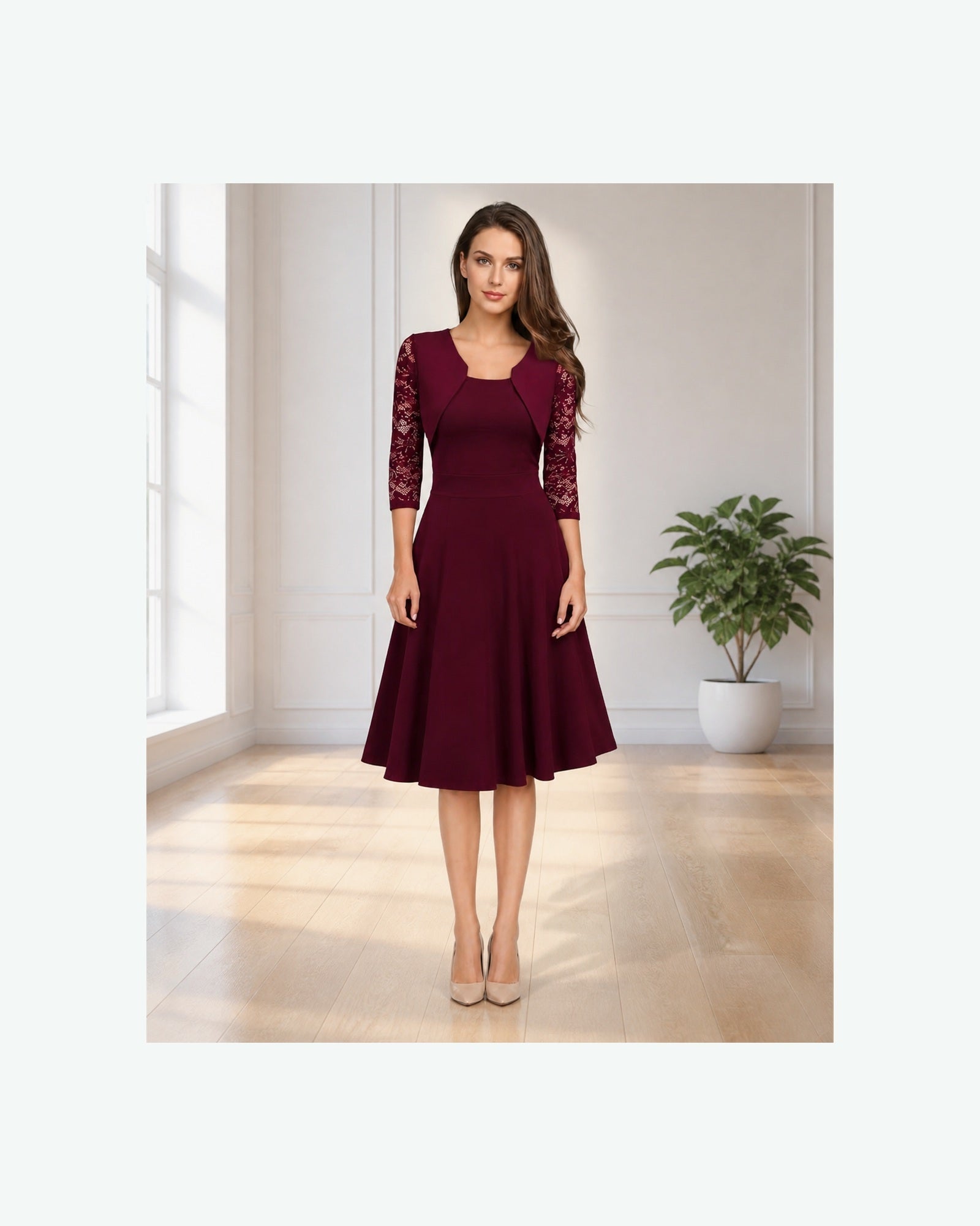 Rochie Bordeaux Elena într-un atelier luminos