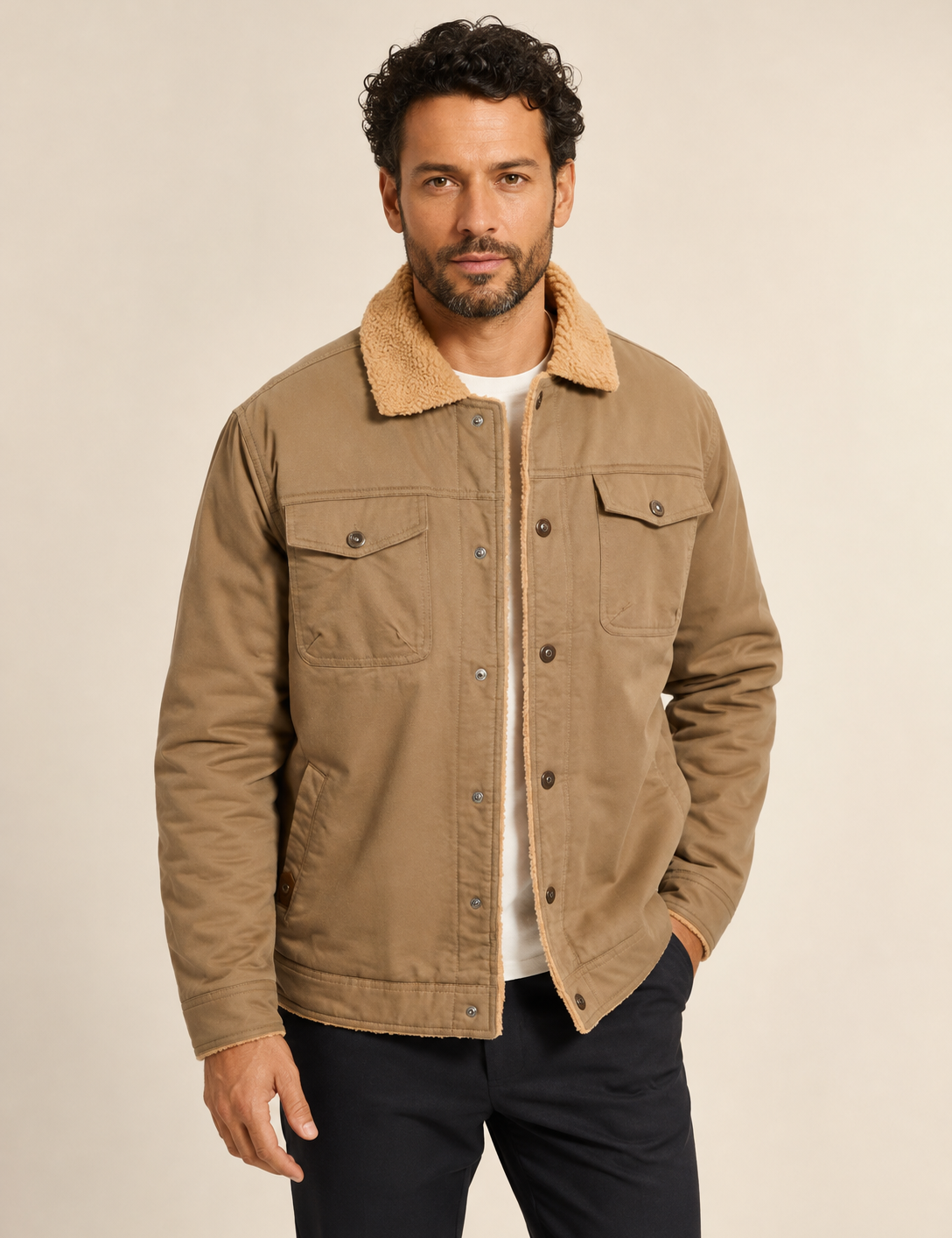 Men's camel workwear bomber jacket with sherpa collar, worn by model in warm beige studio