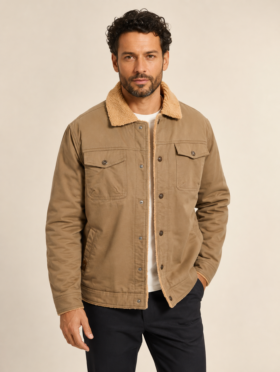 Men's camel workwear bomber jacket with sherpa collar, worn by model in warm beige studio