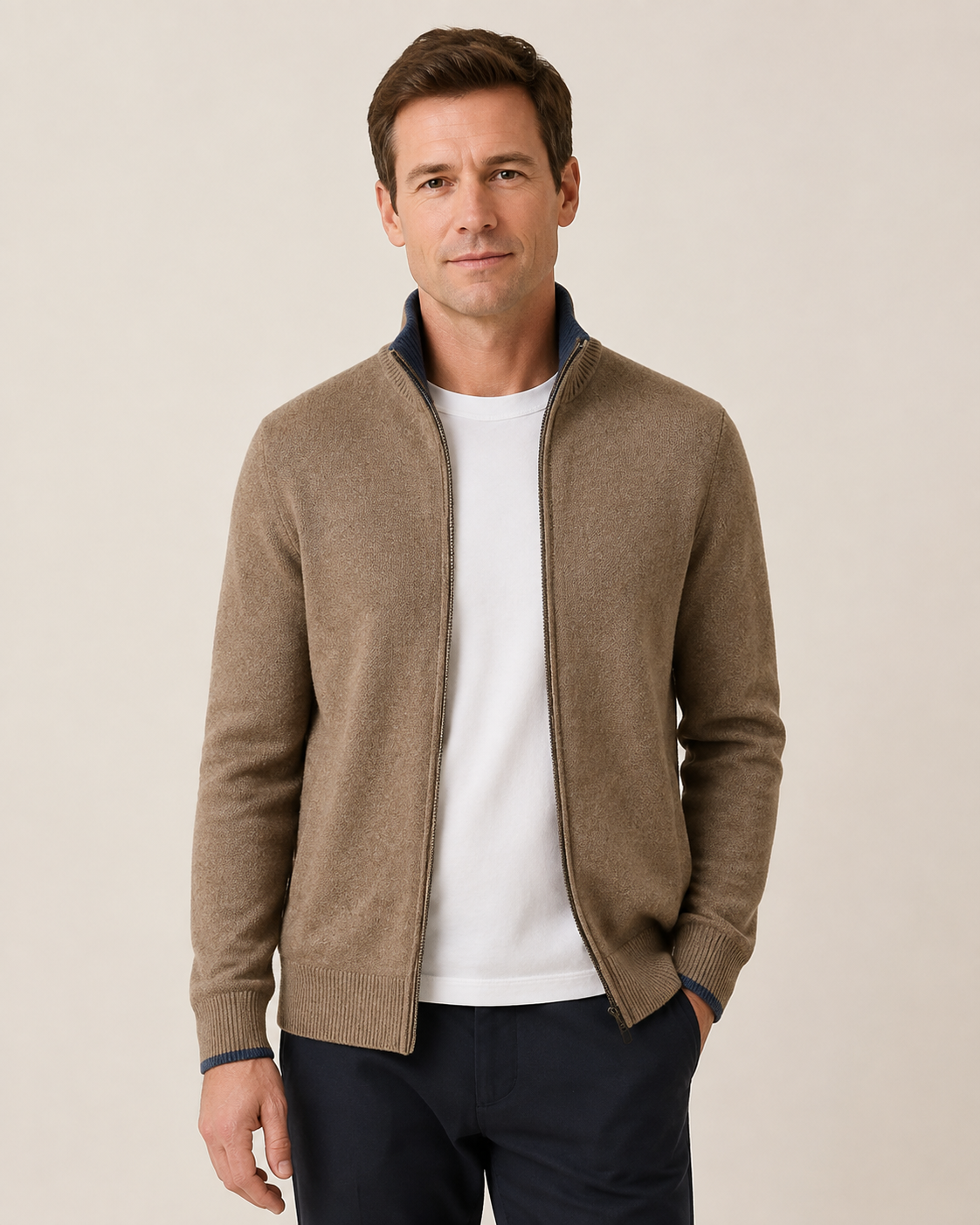 Men's warm taupe zip cardigan, worn by model in warm beige studio