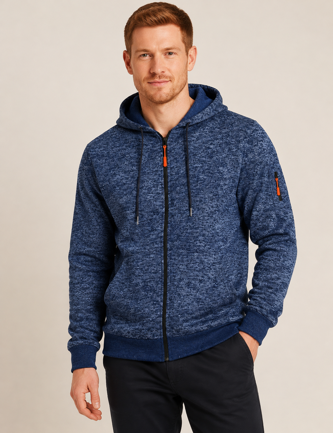 Men's heather navy-blue fleece zip hoodie, worn by model in warm beige studio