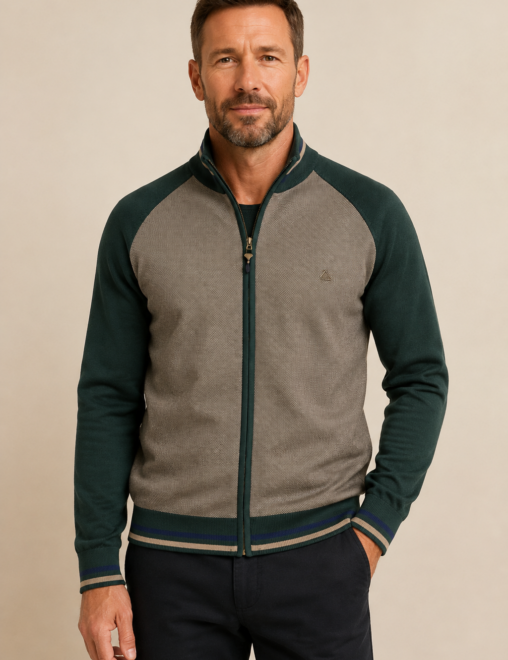 Men's forest green and taupe zip cardigan-bomber, worn by model in warm beige studio