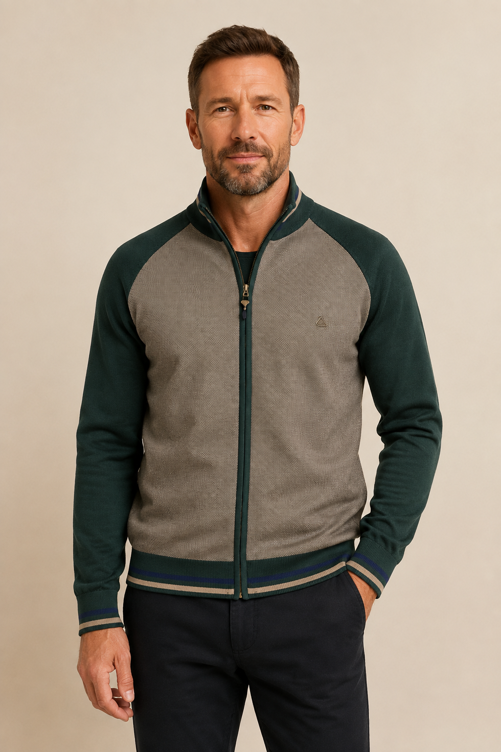Men's forest green and taupe zip cardigan-bomber, worn by model in warm beige studio
