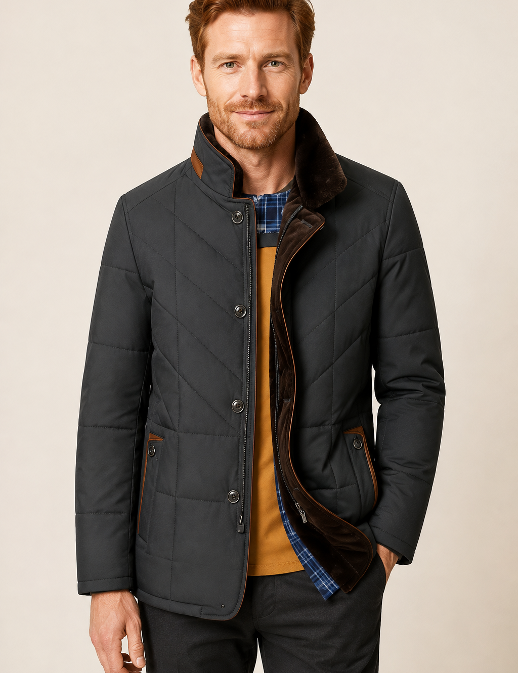 Men's charcoal quilted winter jacket, worn by model in warm beige studio