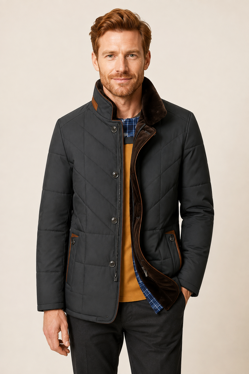 Men's charcoal quilted winter jacket, worn by model in warm beige studio