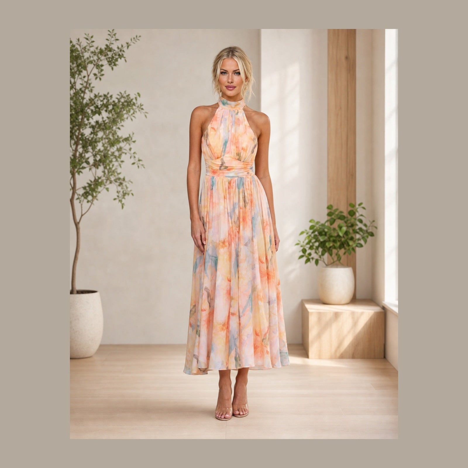 Victoria, rochie midi florală purtată într-un atelier luminos