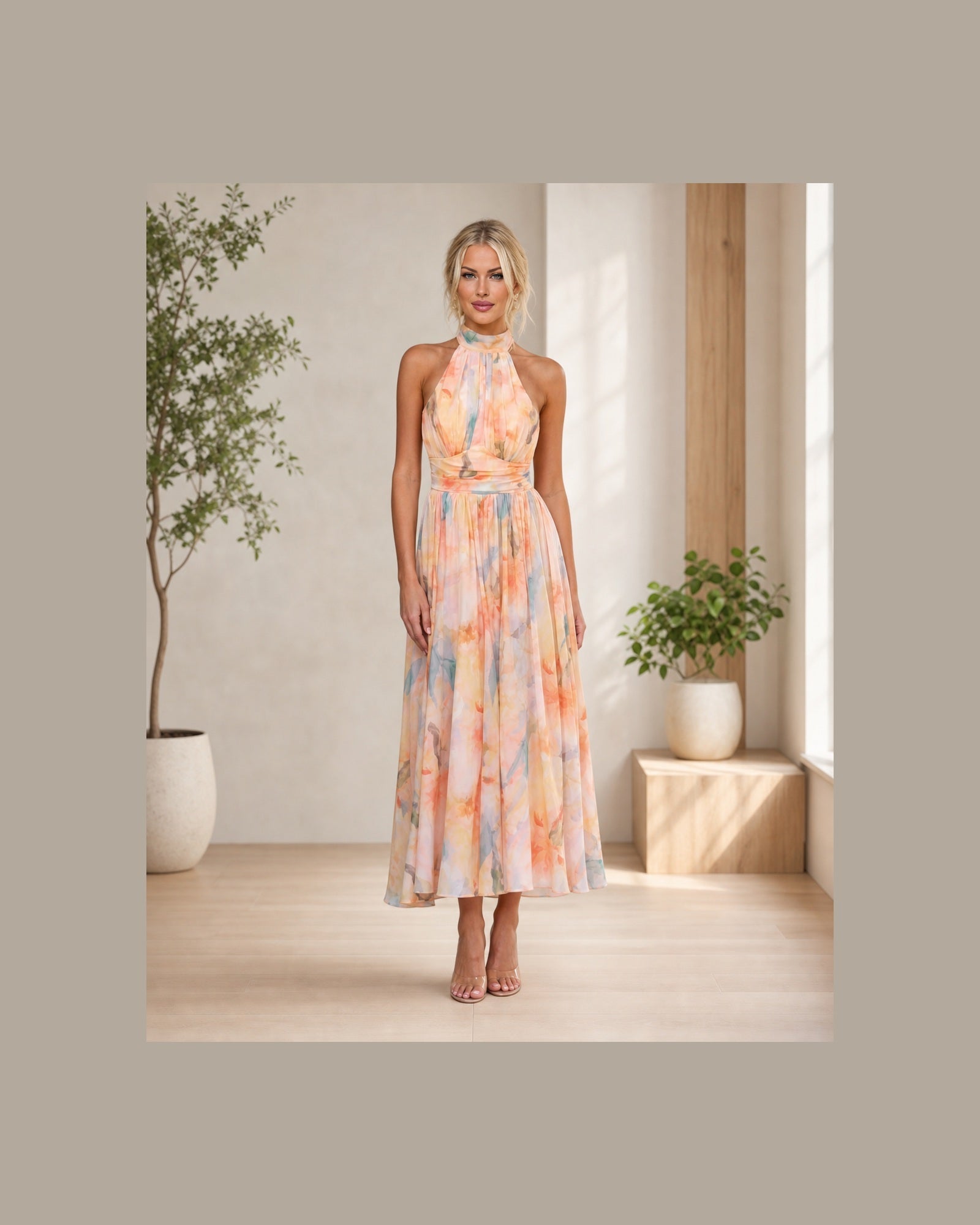 Victoria, rochie midi florală purtată într-un atelier luminos