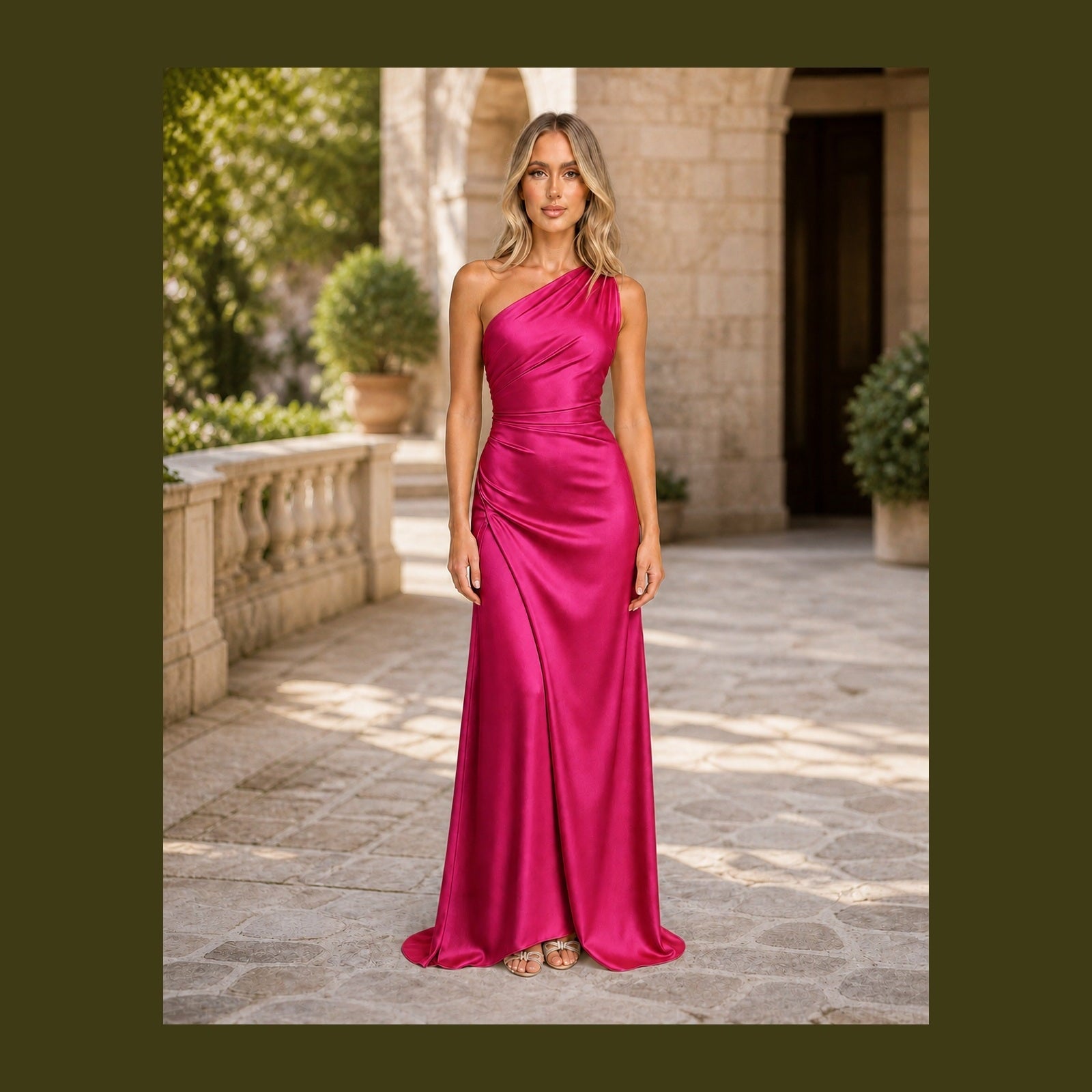 Iulia în rochie Roz Închis, vedere frontală în exterior