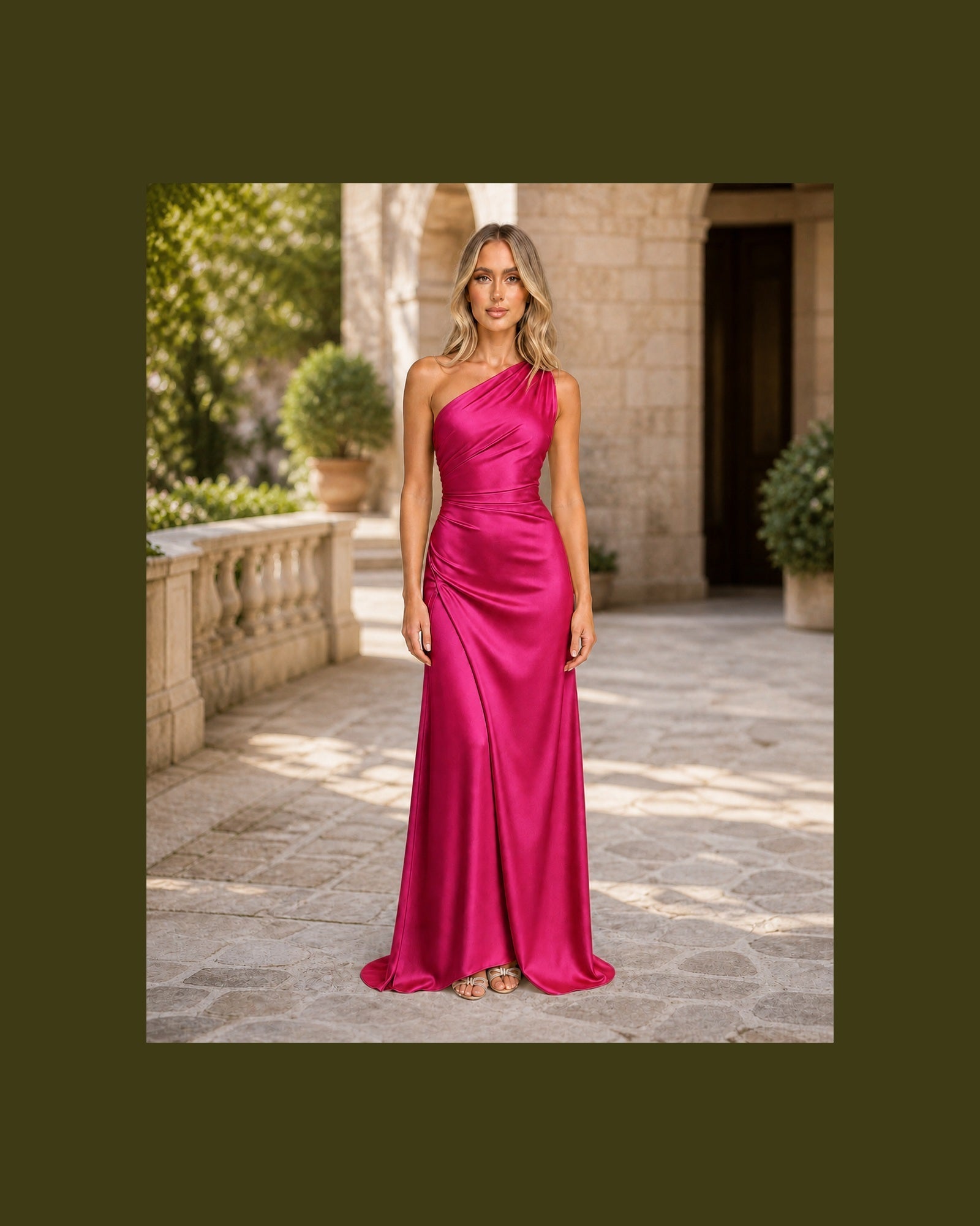 Iulia în rochie Roz Închis, vedere frontală în exterior