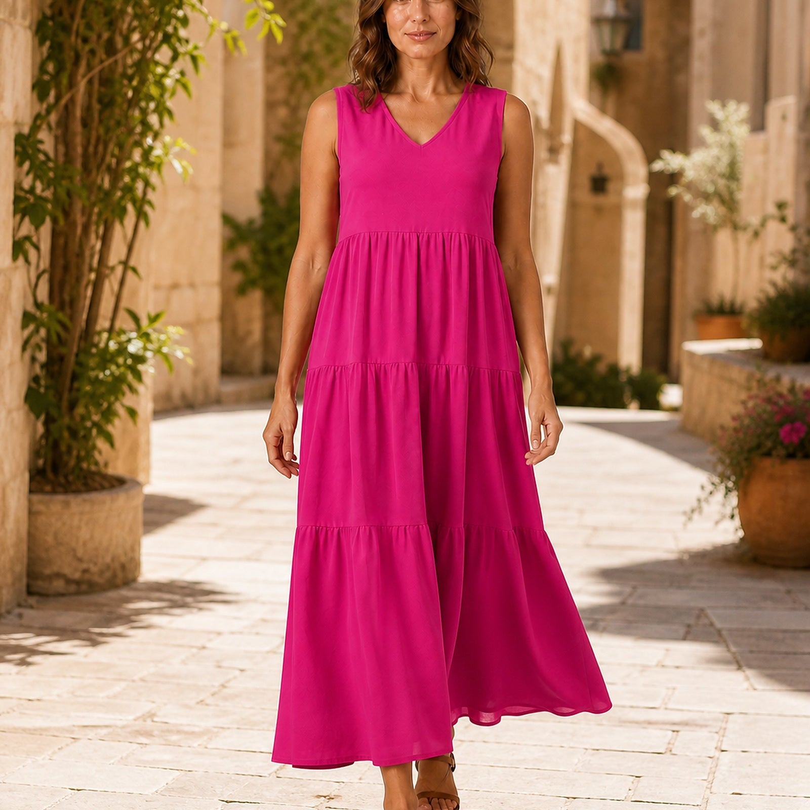 Silvia în rochie Roz, vedere frontală în exterior
