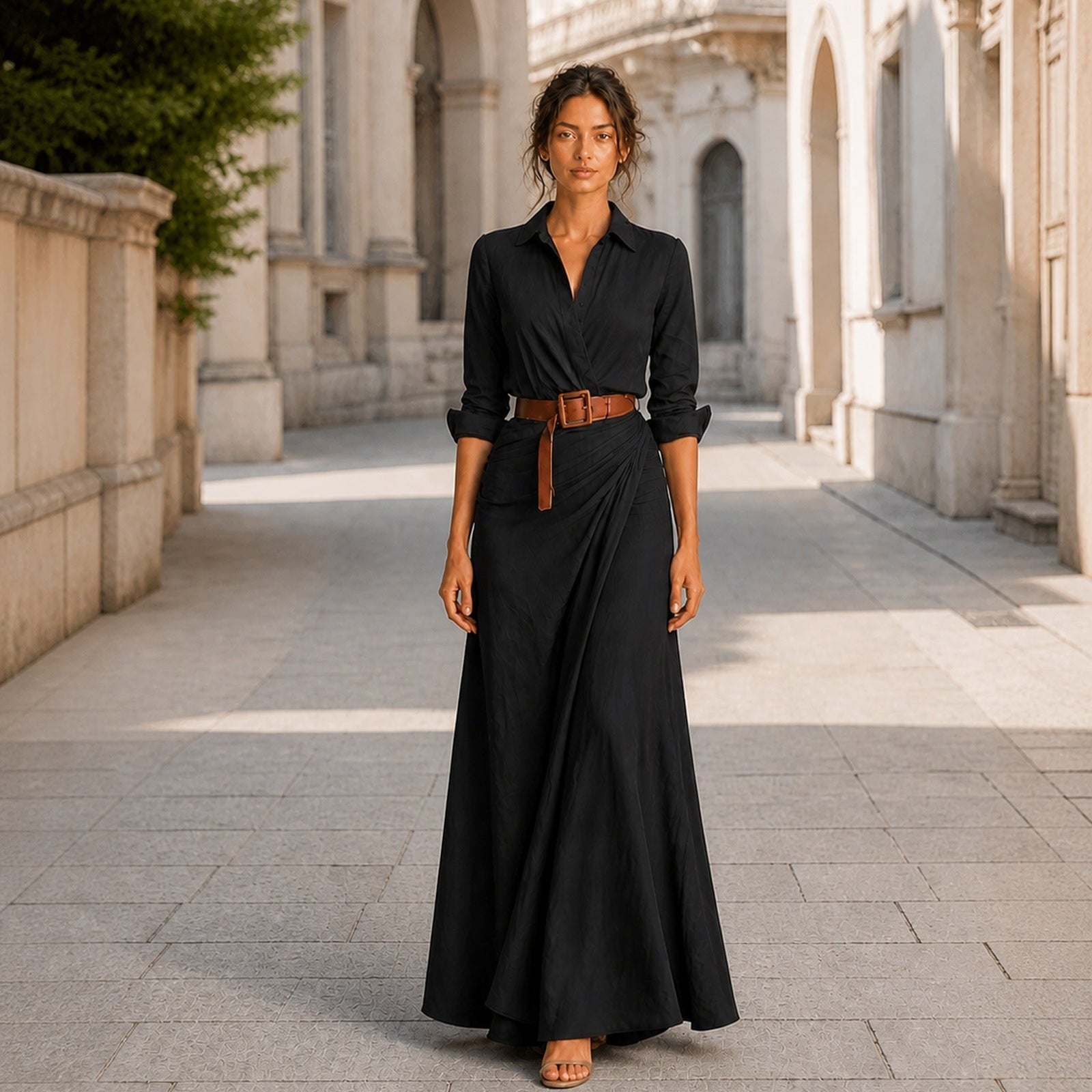 Simona-Maria în rochie Negru, vedere frontală în exterior