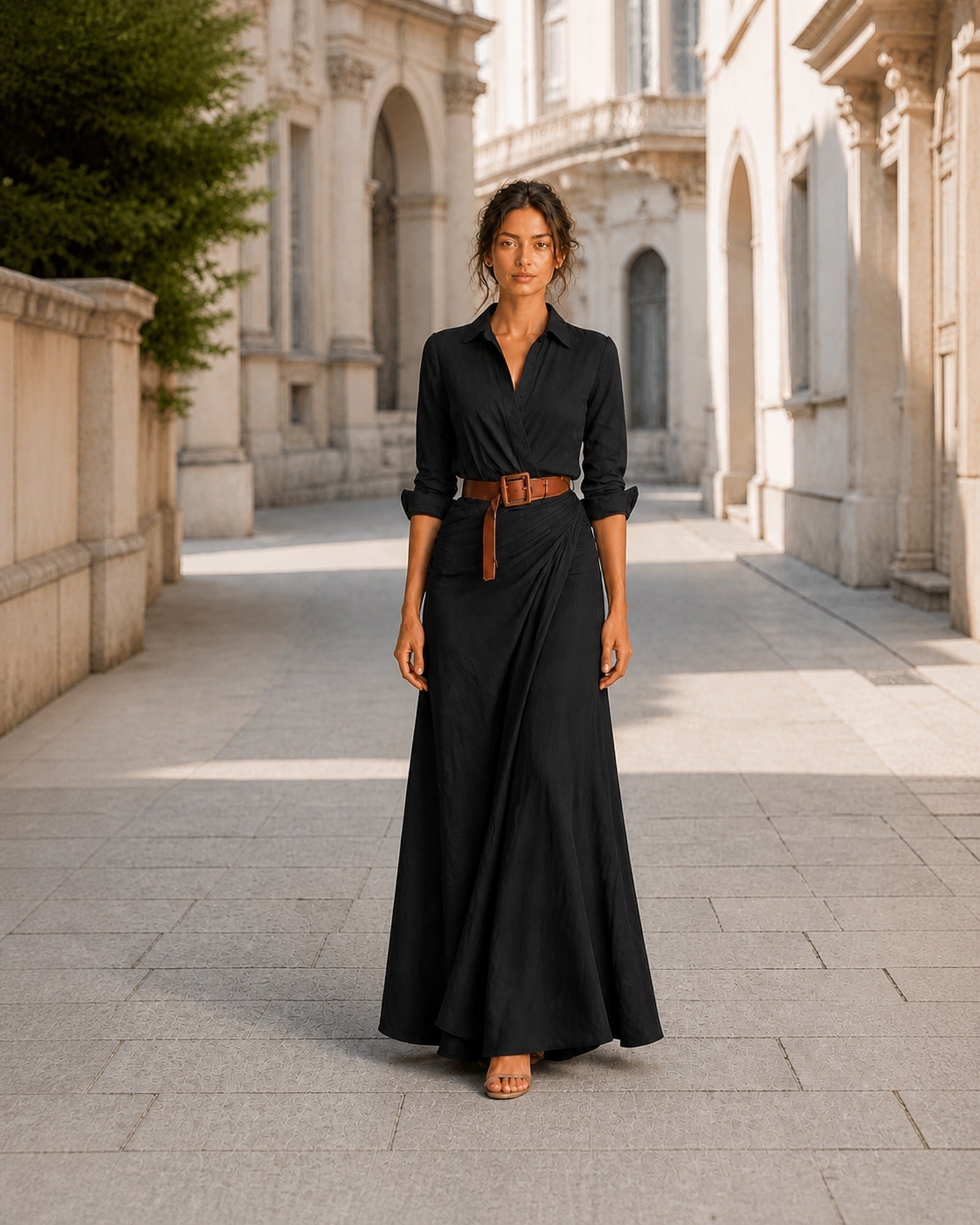 Simona-Maria în rochie Negru, vedere frontală în exterior