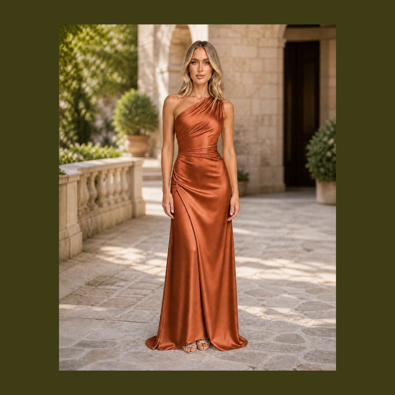 Iulia în rochie Roșcat, vedere frontală în exterior