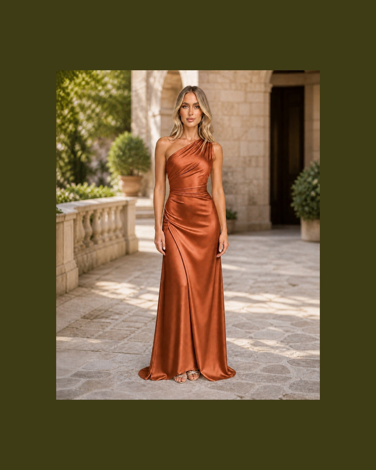 Iulia în rochie Roșcat, vedere frontală în exterior