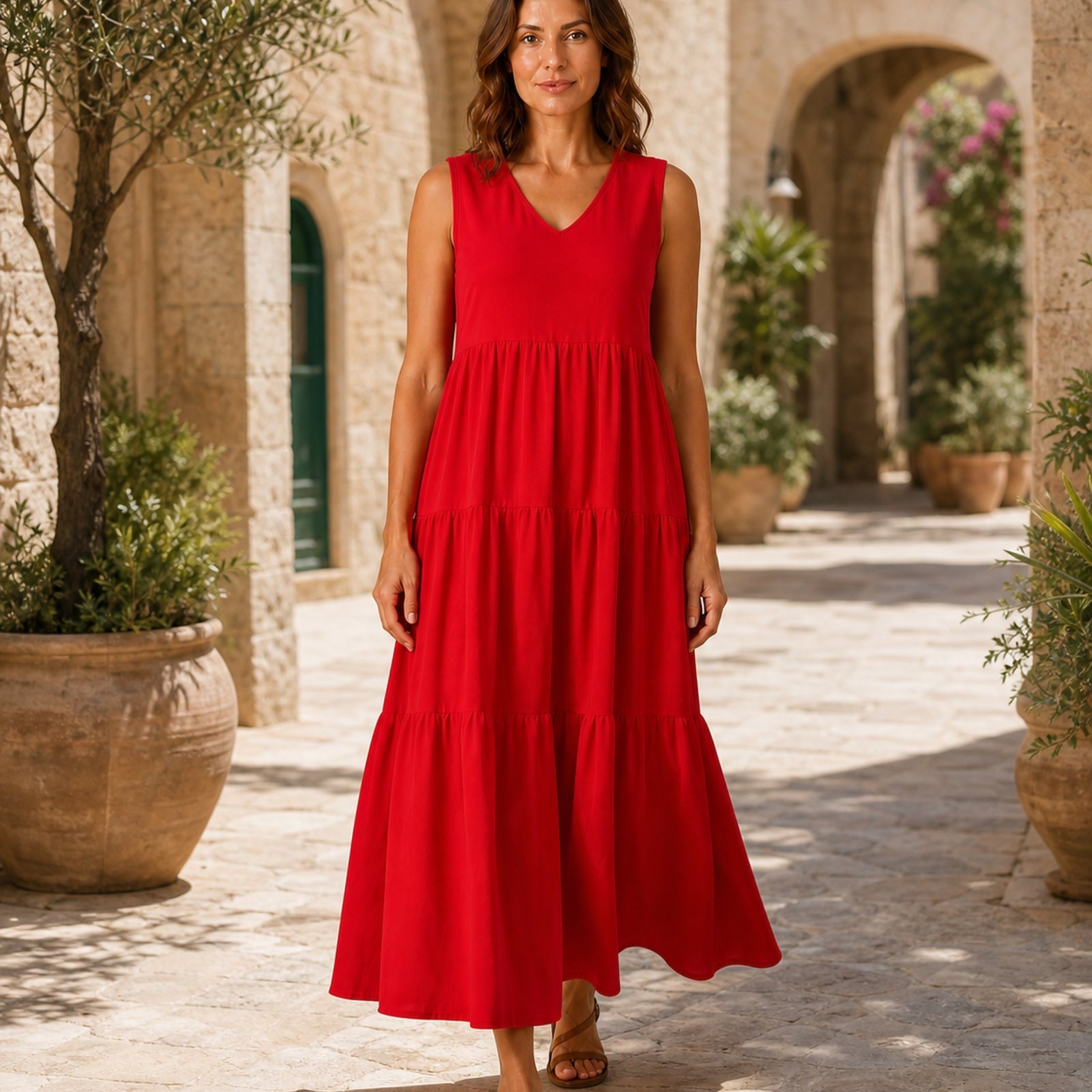 Silvia în rochie Roșu, vedere frontală în exterior