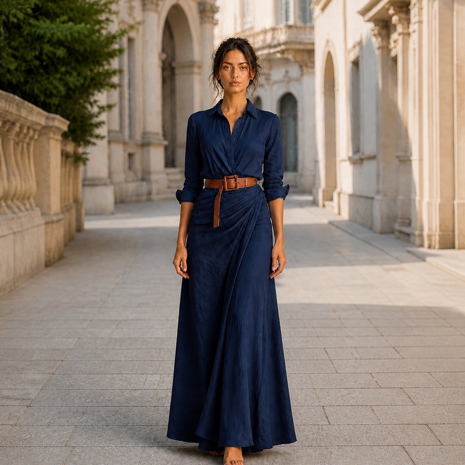 Simona-Maria în rochie Albastru, vedere frontală în exterior
